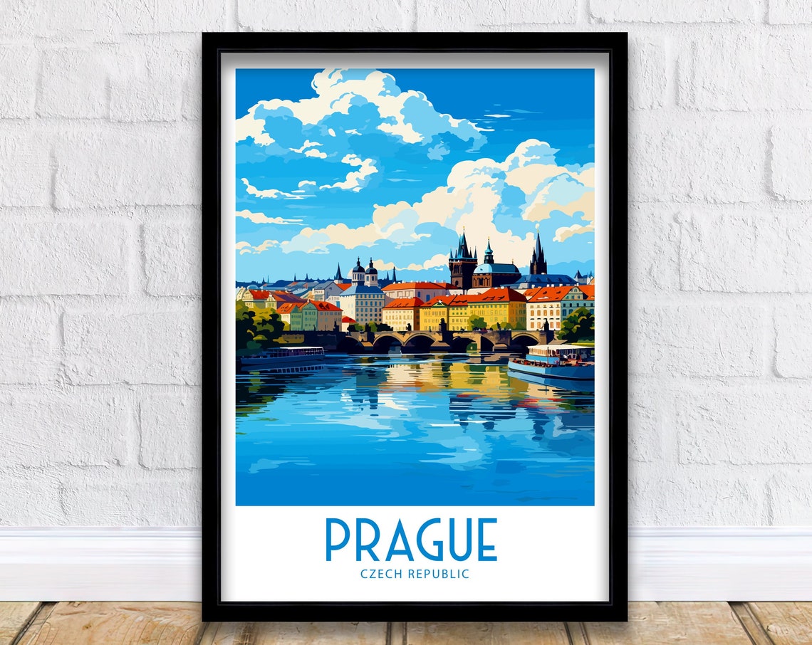 Prague Old Town Panorama Travel Poster River Bridge Vintage Blue Art