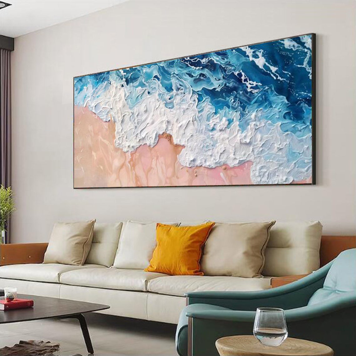 Thick Foamy White Waves Over Soft Blush Pink Sand Beach Poster - Image 2