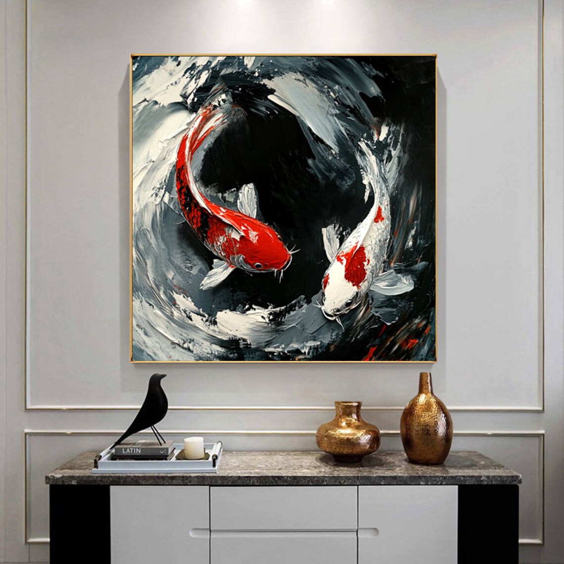 Red And White Koi Fish Circling In Dark Swirling Water Art Poster - Image 6
