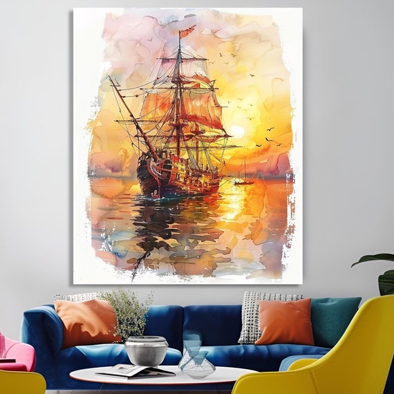 Wall Decor Framed Art Home Decor Watercolor Sailing Ship Wall Decor Nautical Art With Sunset Perfect For Vintage And Ocean