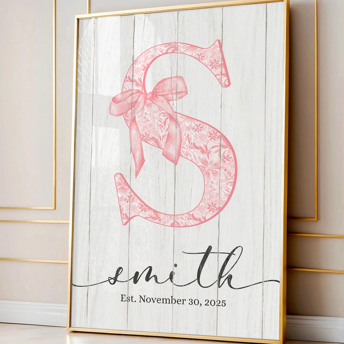 Personalized Pink Floral Initial Name Est Date Family Art Poster
