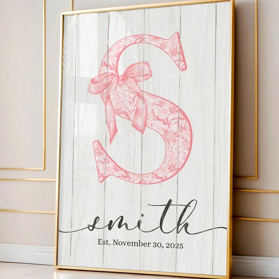 Personalized Pink Floral Initial Name Est Date Family Art Poster