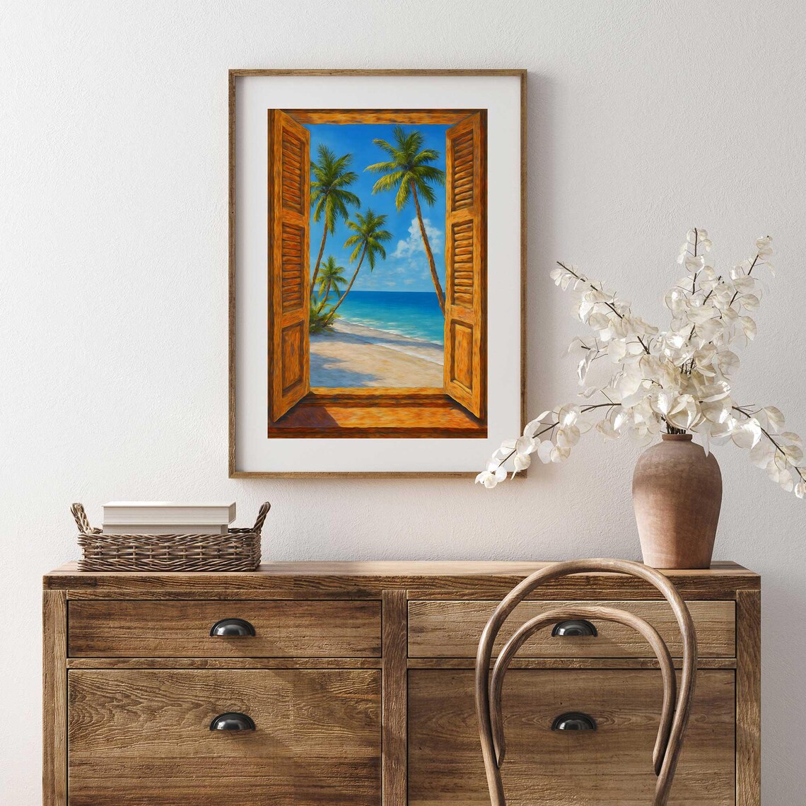 Open Window Tropical Beach Poster Palm Trees Print Decor Instant