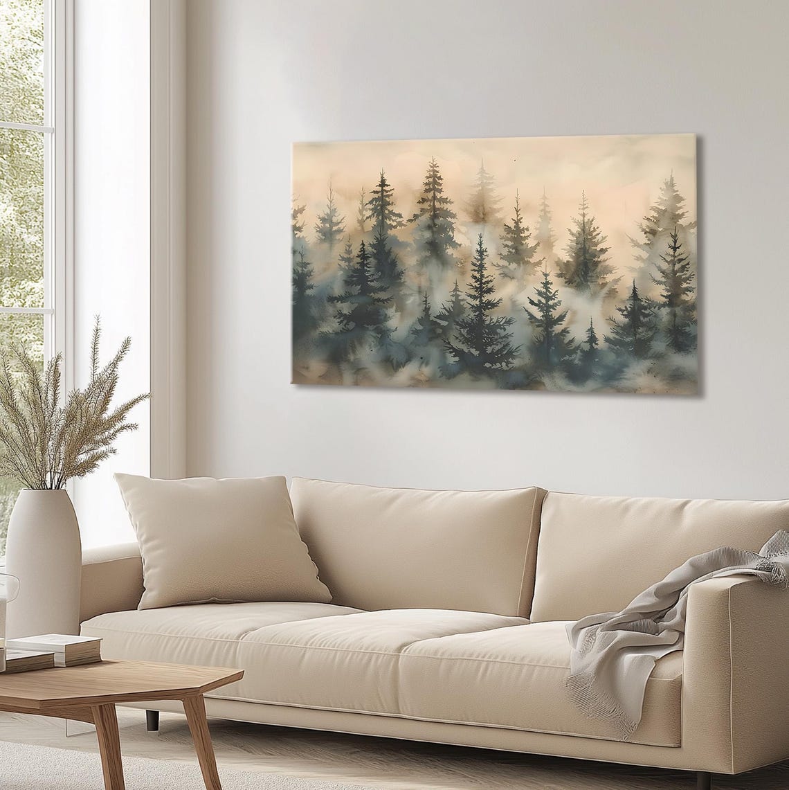 Foggy Pine Forest Watercolor Misty Evergreen Tree Scene Wall Art - Image 4