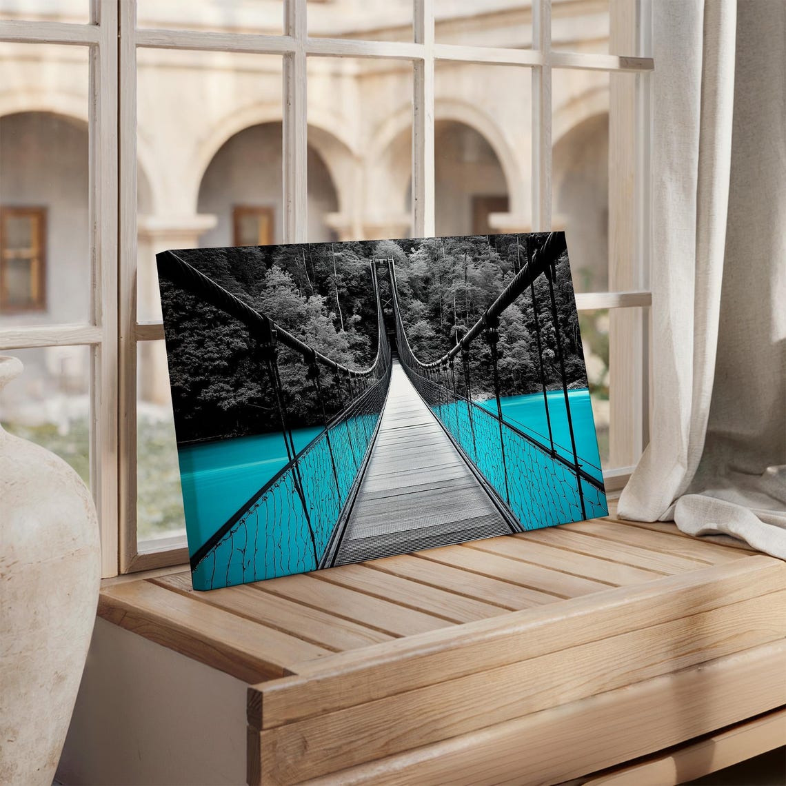 Suspension Bridge Over Turquoise Water Forest Monochrome Travel Poster - Image 4