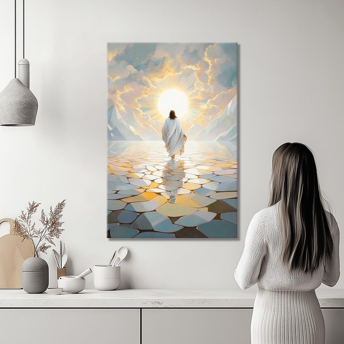 Jesus Walking On Water Into Radiant Golden Sunrise Clouds Poster - Image 2