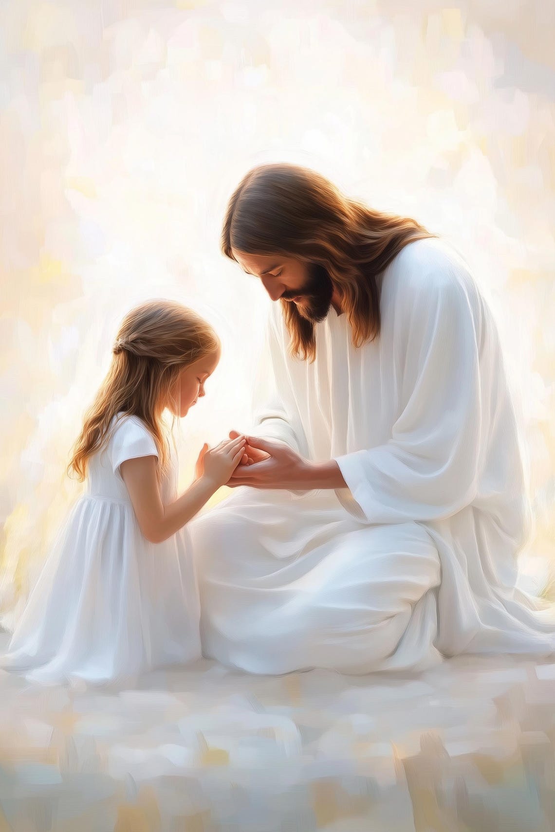 Jesus Painting With Little Girl Praying Art Child Of God Wall Art Modern Christian Art Print Religious Nursery Wall Decor Lds Bible Art