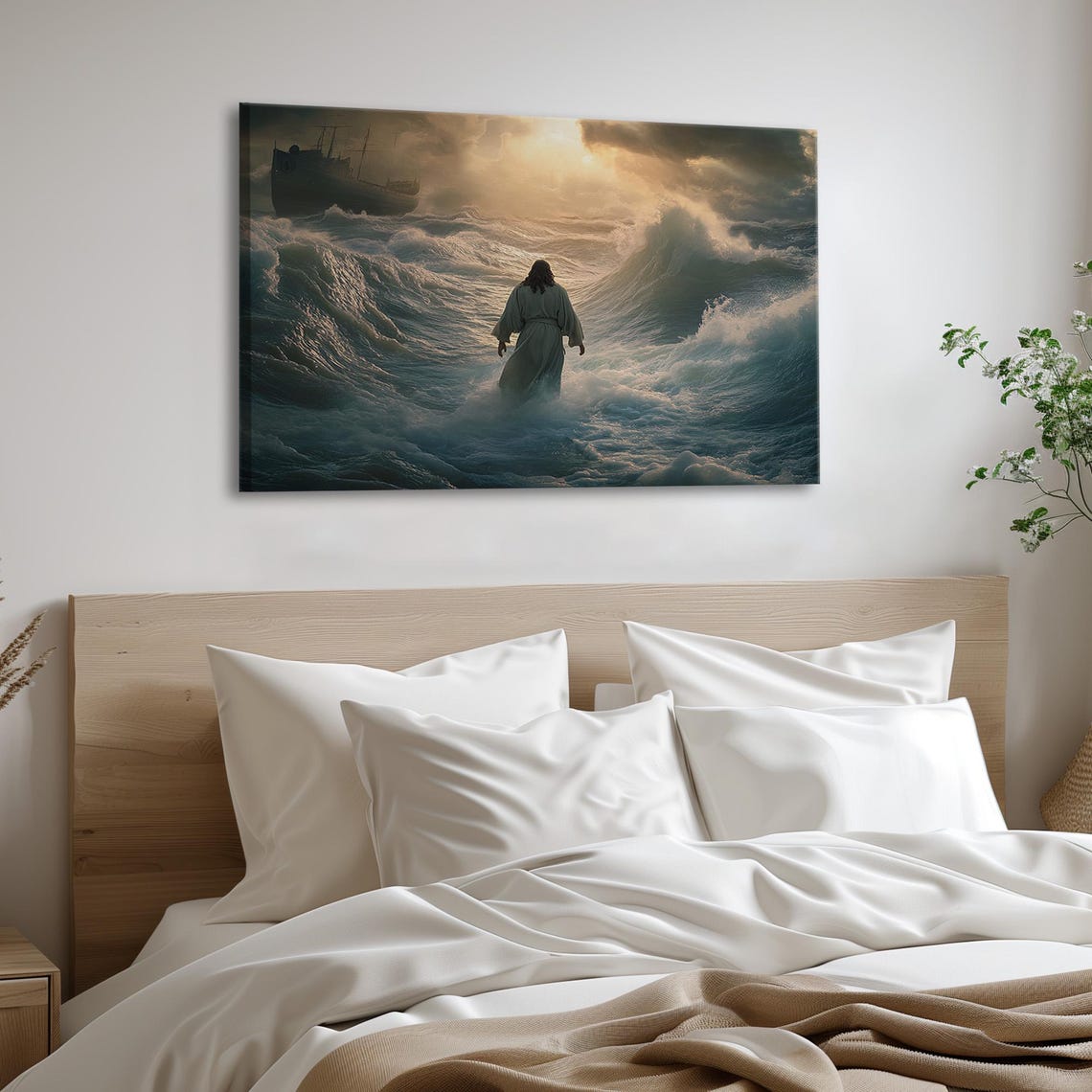 Jesus Parting The Red Sea Waves With Ship Golden Light Poster - Image 2