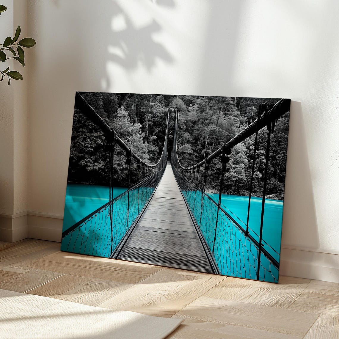 Suspension Bridge Over Turquoise Water Forest Monochrome Travel Poster - Image 5