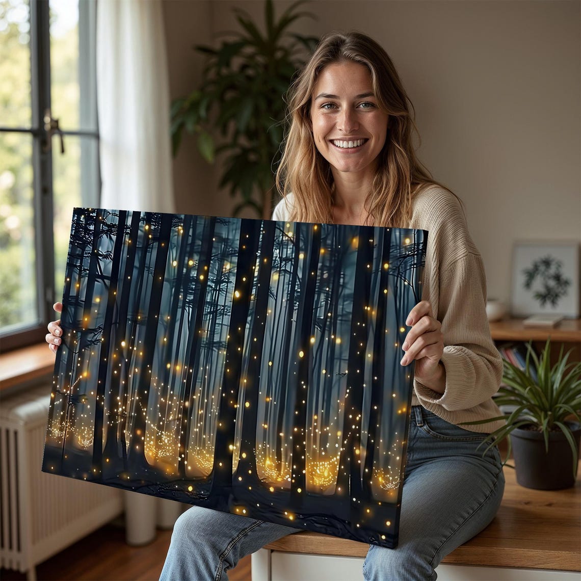 Enchanted Forest Fireflies At Night Dark Trees Misty Wall Art - Image 6