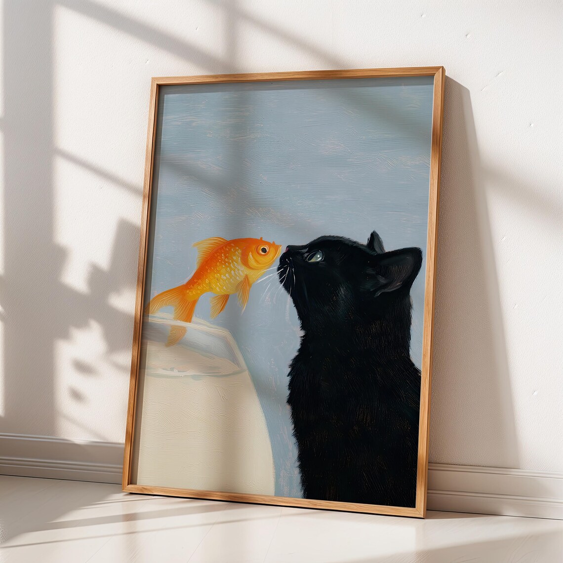 Black Cat Nose To Nose With Goldfish Cute Surreal Blue Background Cat Lover Art Poster - Image 4