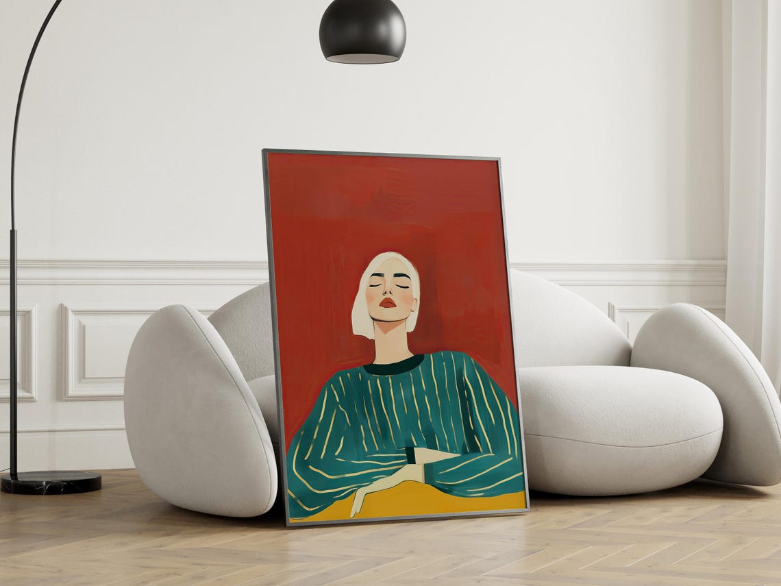 Abstract Woman Portrait Minimalist Female Wall Art Modern Fashion Illustration Red Green Painting Artwork Contemporary Decor Hobo Home Decor - Image 4
