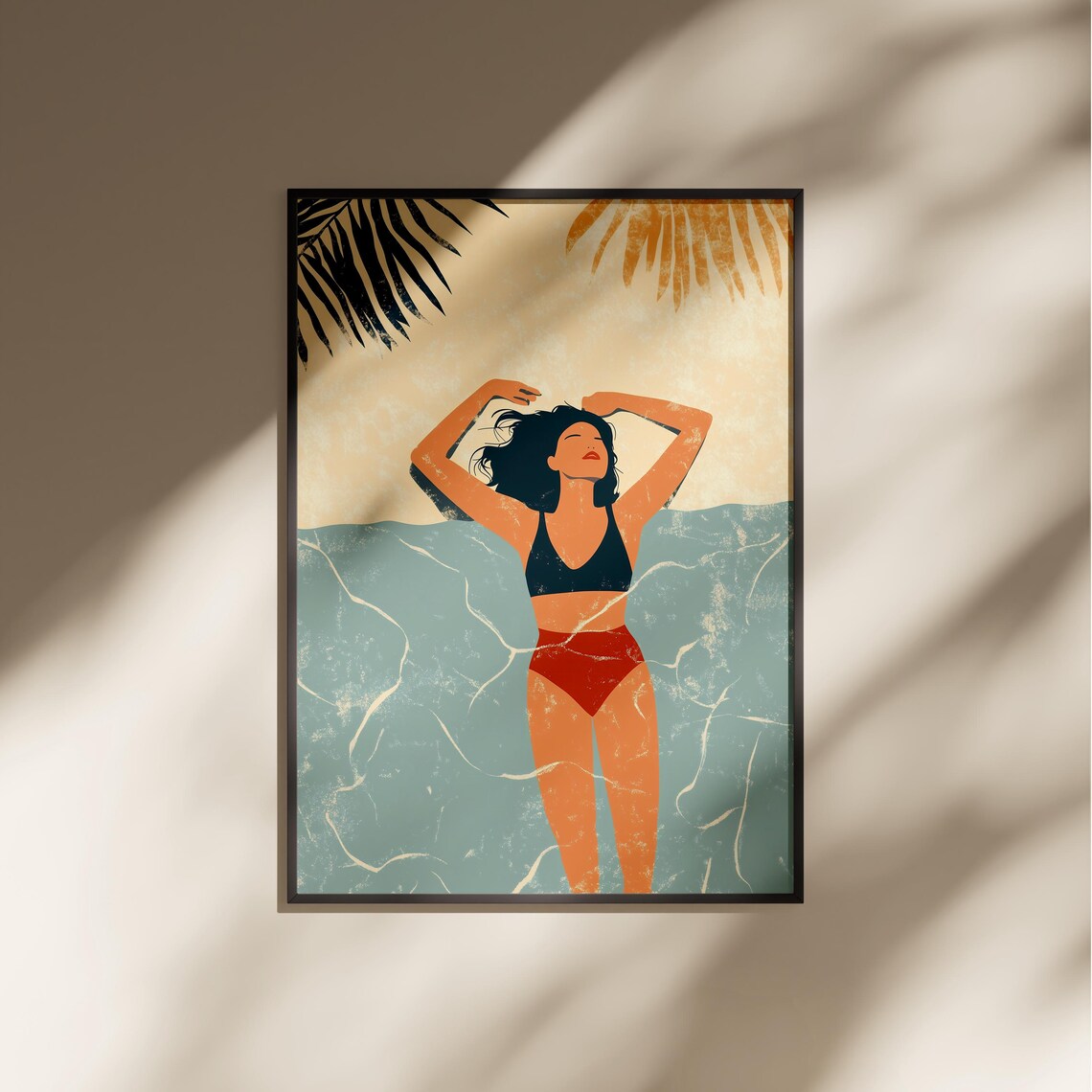 Woman In Bikini Standing In Ocean Water Palm Fronds Minimalist Beach Summer Art Poster - Image 6
