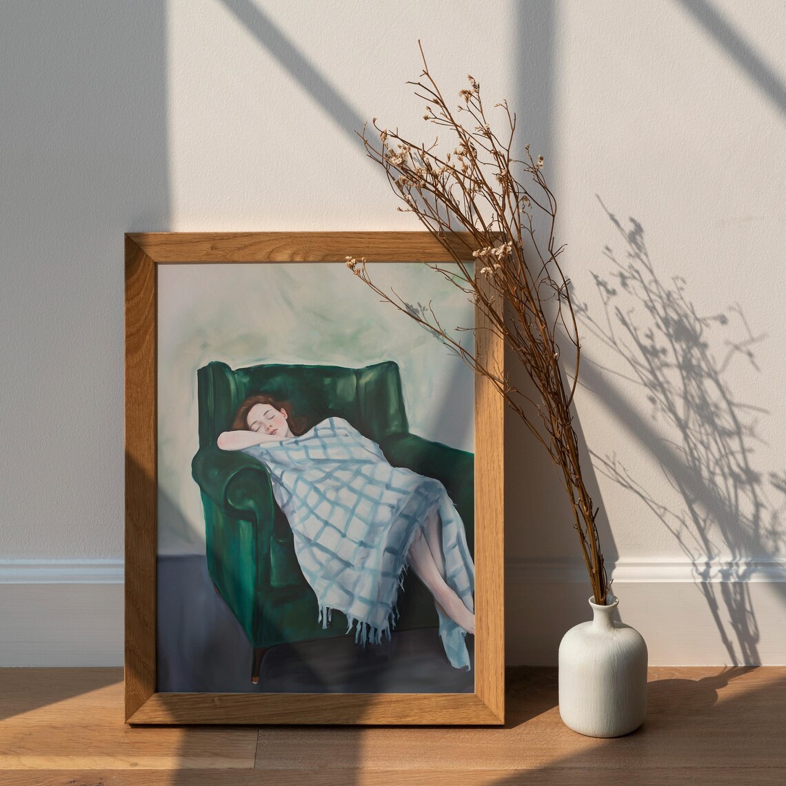 Sleeping Woman in Green Armchair Under Plaid Blanket Art Poster - Image 2
