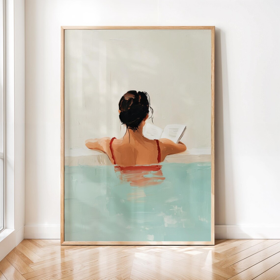 Woman in Red Swimsuit Reading Book in Turquoise Pool Art Poster