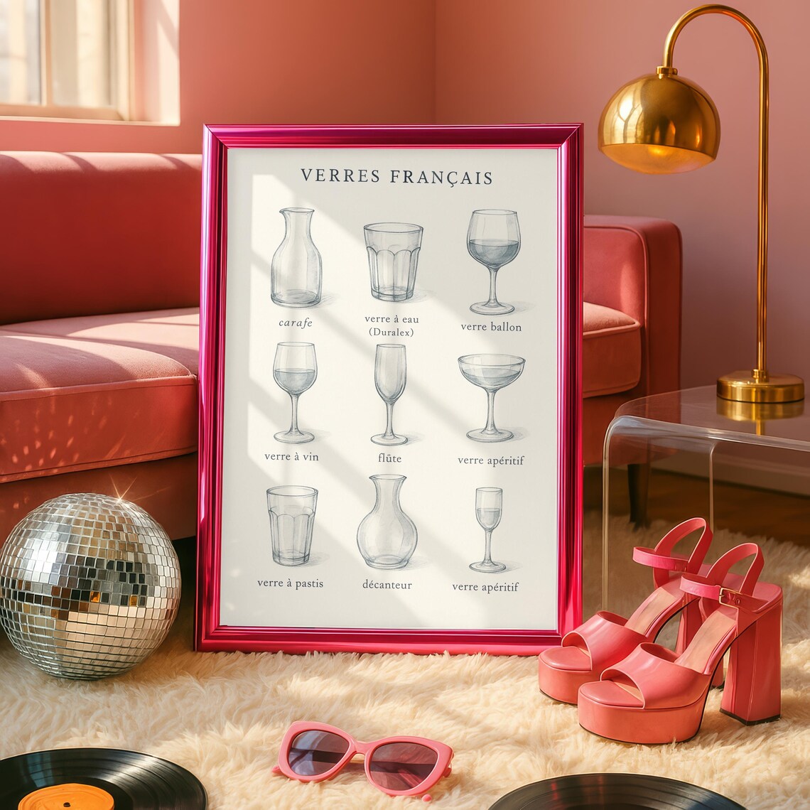 French Glassware Watercolor Art Print, Kitchen Bar Decor