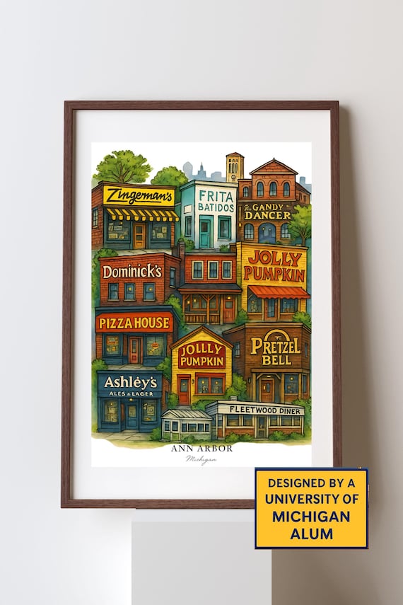 Ann Arbor Michigan Foodie Landmarks Illustrated Restaurants Poster