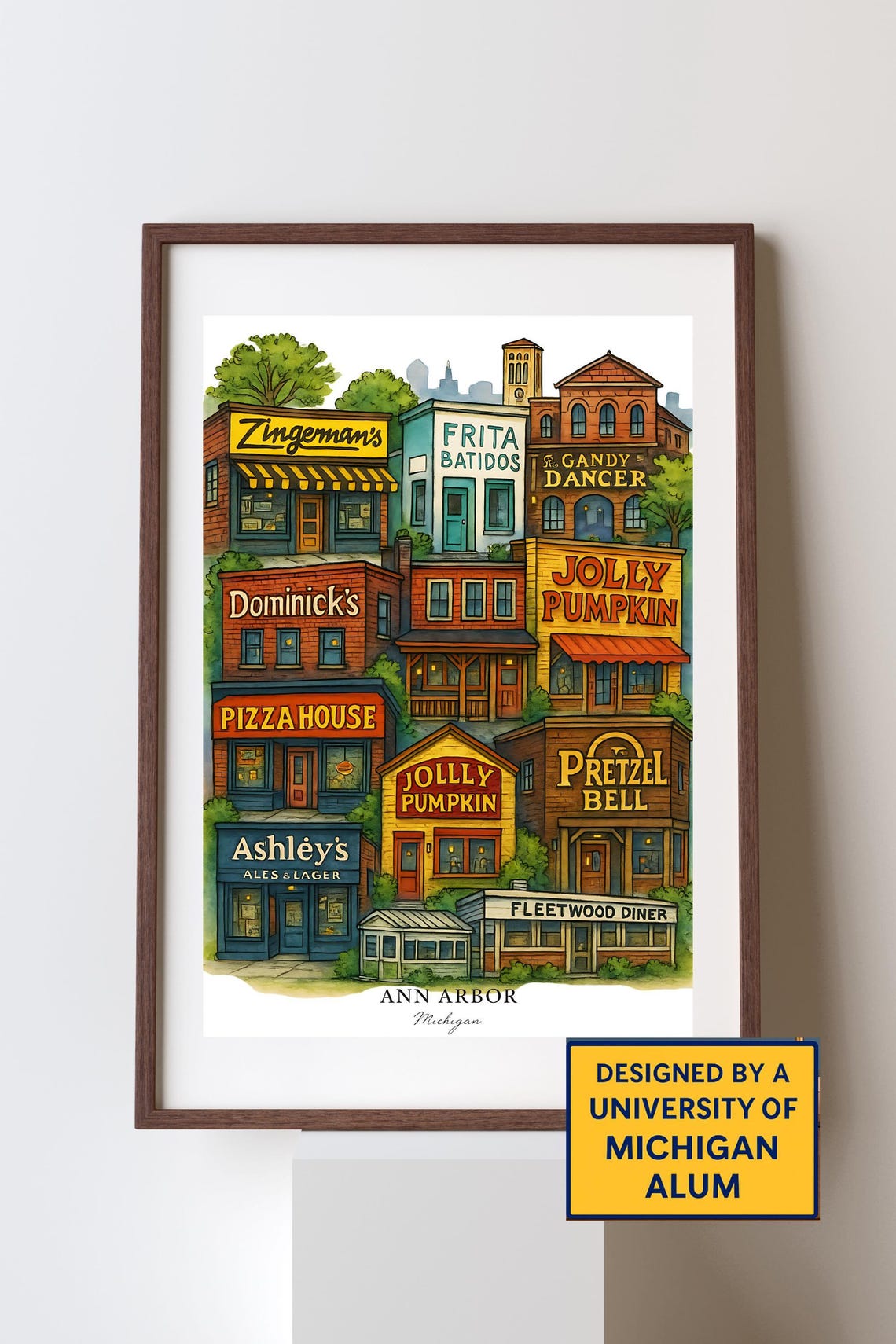 Ann Arbor Michigan Foodie Landmarks Illustrated Restaurants Poster