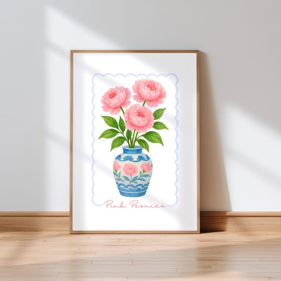 Pink Peonies Watercolor Print In Blue Chinoiserie Vase Botanical Wall Art
