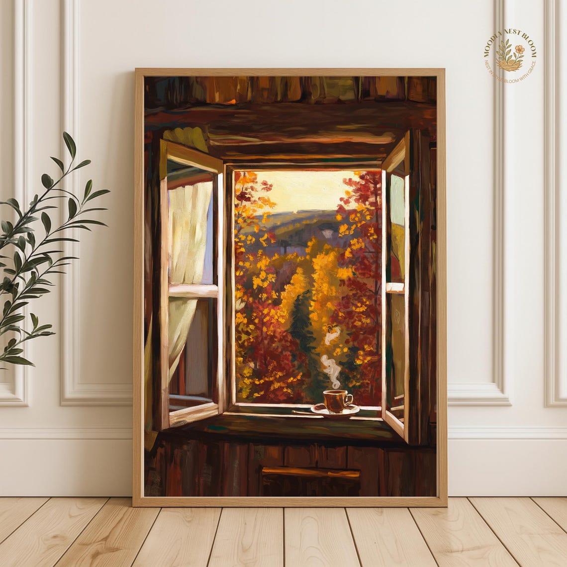 Autumn Forest Cabin Window Coffee Cup Fall Leaves Art Poster