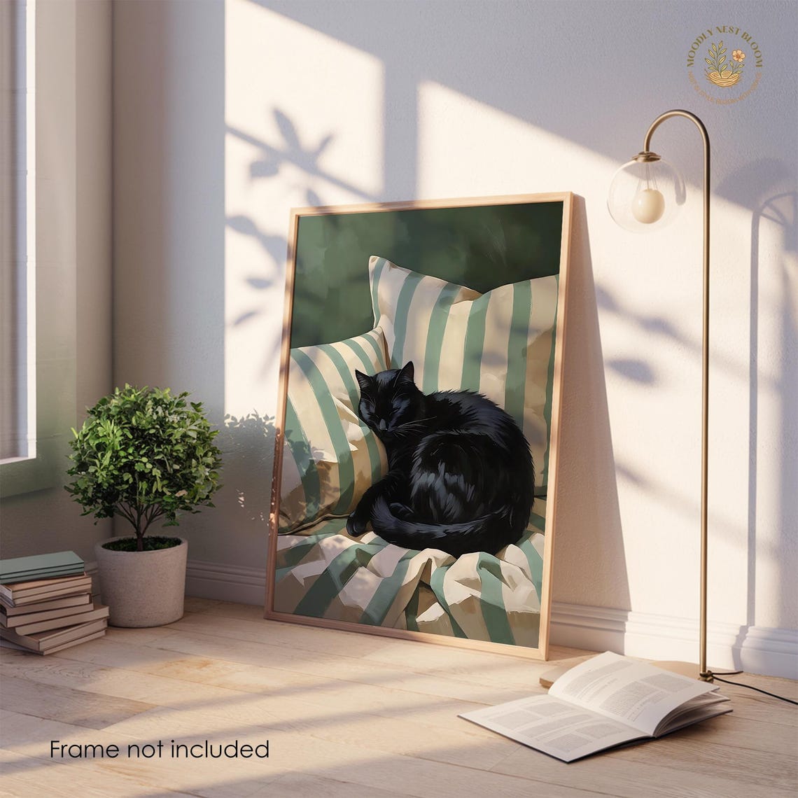 Sleeping Black Cat Cozy Striped Bedding Green Bedroom Wall Art