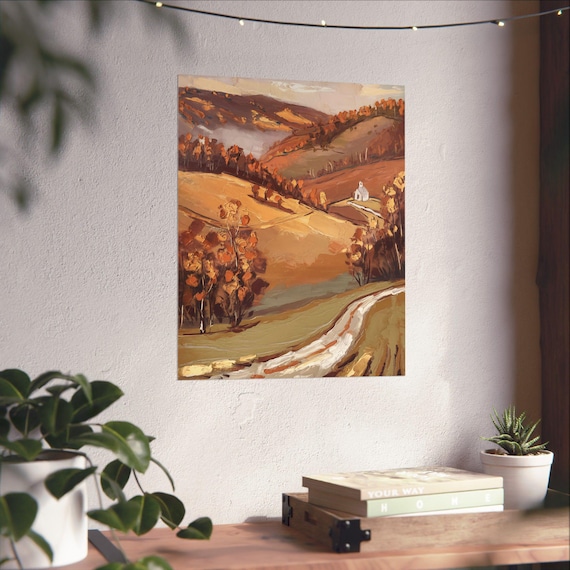 Autumn Countryside Winding Road Golden Hills Rustic Oil Poster