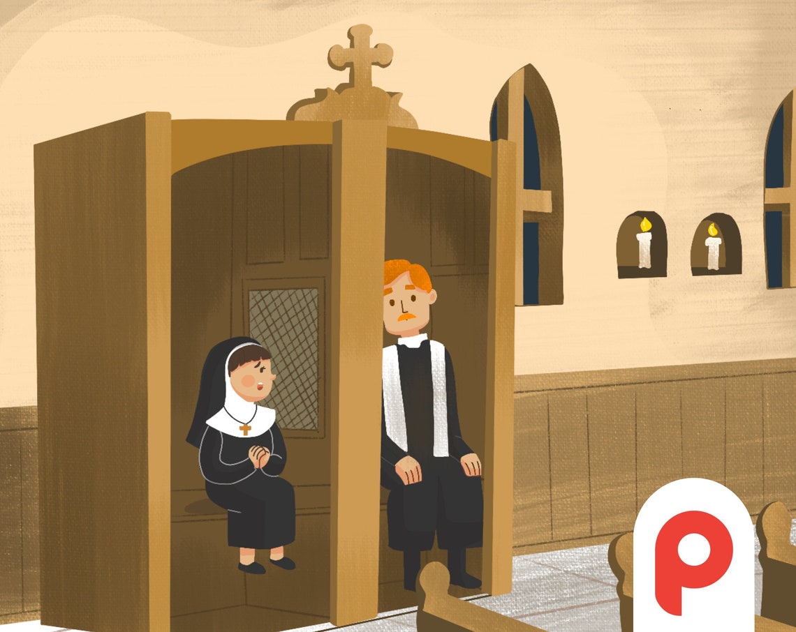 Whimsical Nun and Priest Confessional Scene in a Church Poster