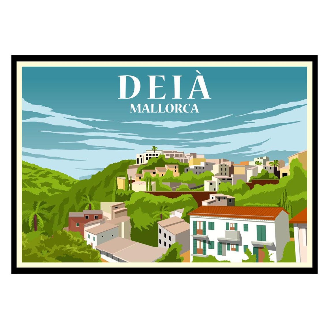 Deia Mallorca Hillside Village Vintage Travel Style Art Poster