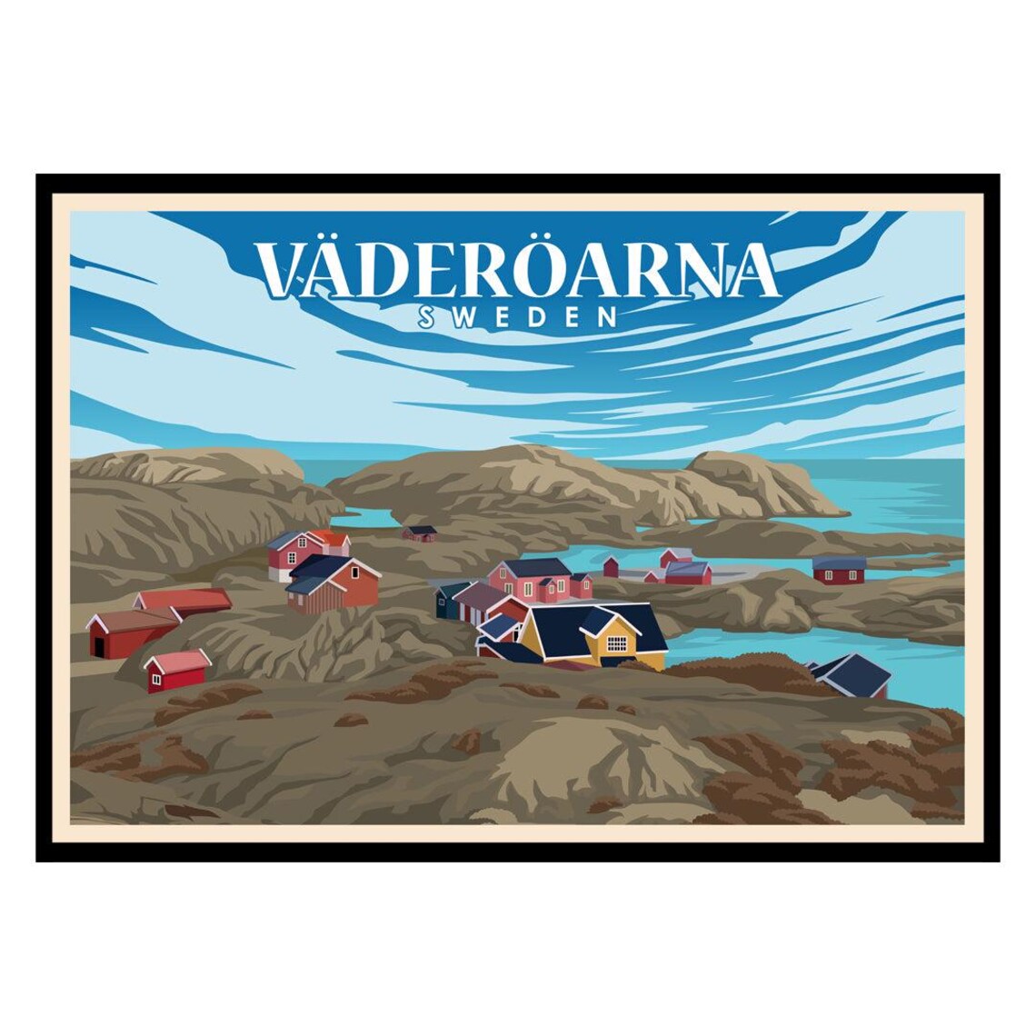 Väderöarna Sweden Red Cabins Rocky Island Archipelago Travel Poster