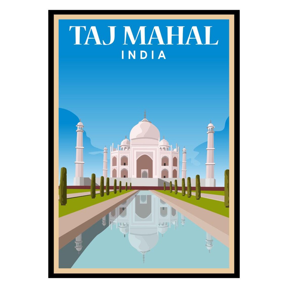 Taj Mahal India Vintage Reflection Pool Travel Illustration Poster