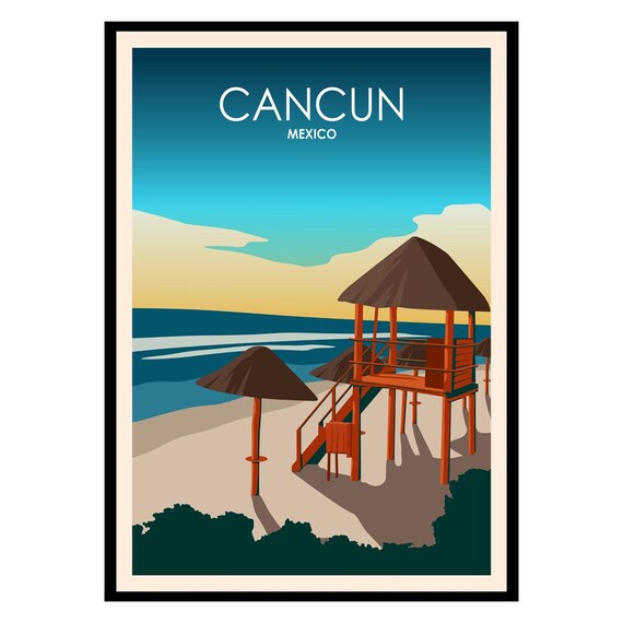 Cancun Mexico Vintage Travel Poster Beach Sunset Lifeguard Art