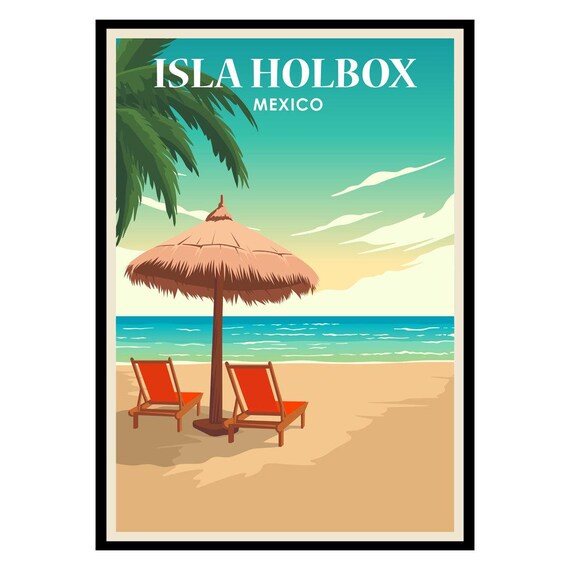Isla Holbox Mexico Vintage Travel Poster Caribbean Beach Palapa Retro Sunshine