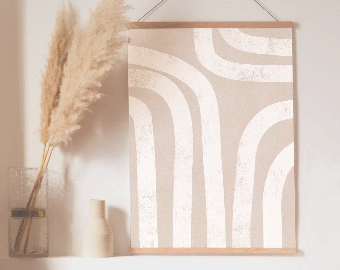 Beige White Curved Arch Lines Neutral Boho Abstract Wall Poster