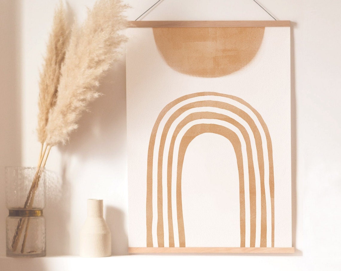 Tan Rainbow Arch Golden Rising Sun Boho Nursery Modern Wall Poster