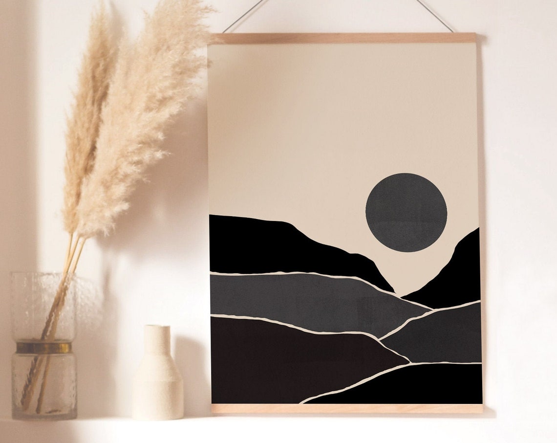 Monochrome Mountain Landscape Art Black Hills Beige Sun Wall Poster
