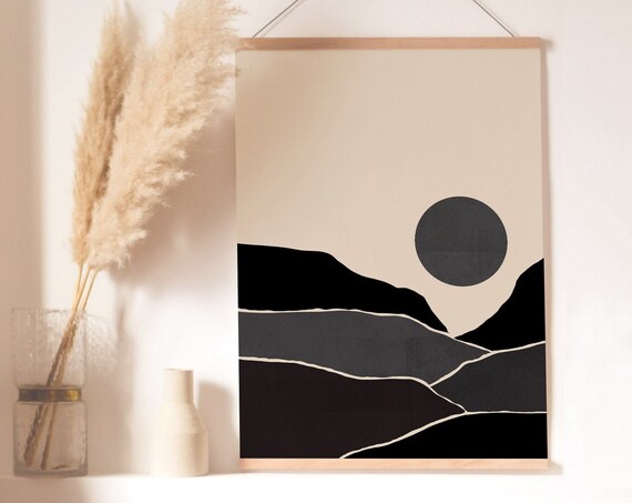 Beige Black Landscape Contemporary Print Sunset Wall Art Abstract Wall Art Minimalist Print Mountain Wall Art Wall Decor