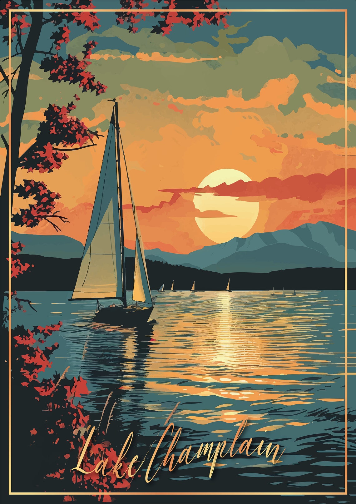 Lake Champlain Sailboats at Sunset Golden Hour Travel Poster