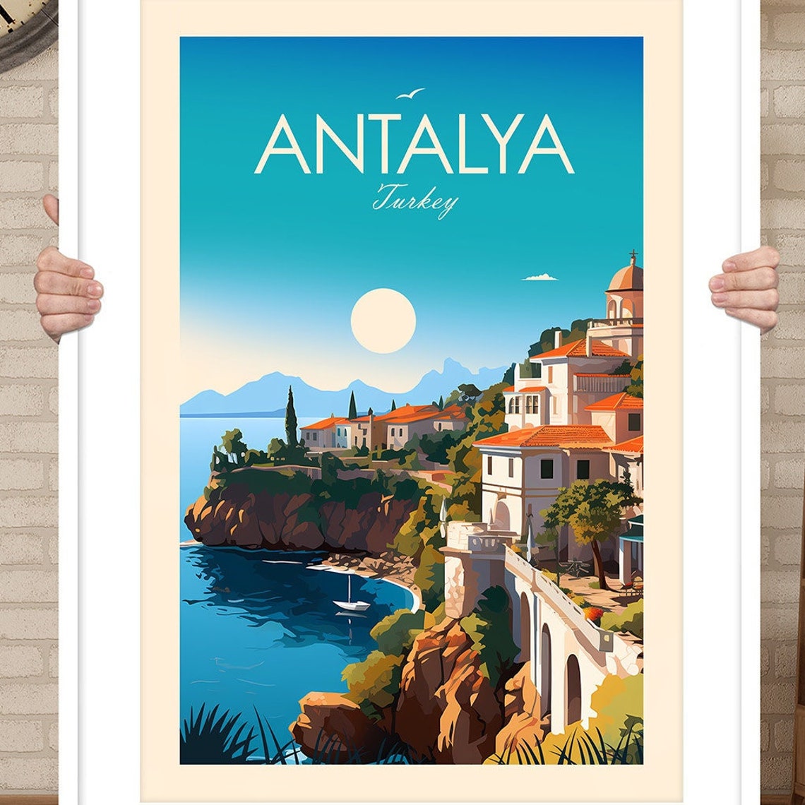 Antalya Turkey Mediterranean Cliffside Old Town Sailboat Poster - Image 3