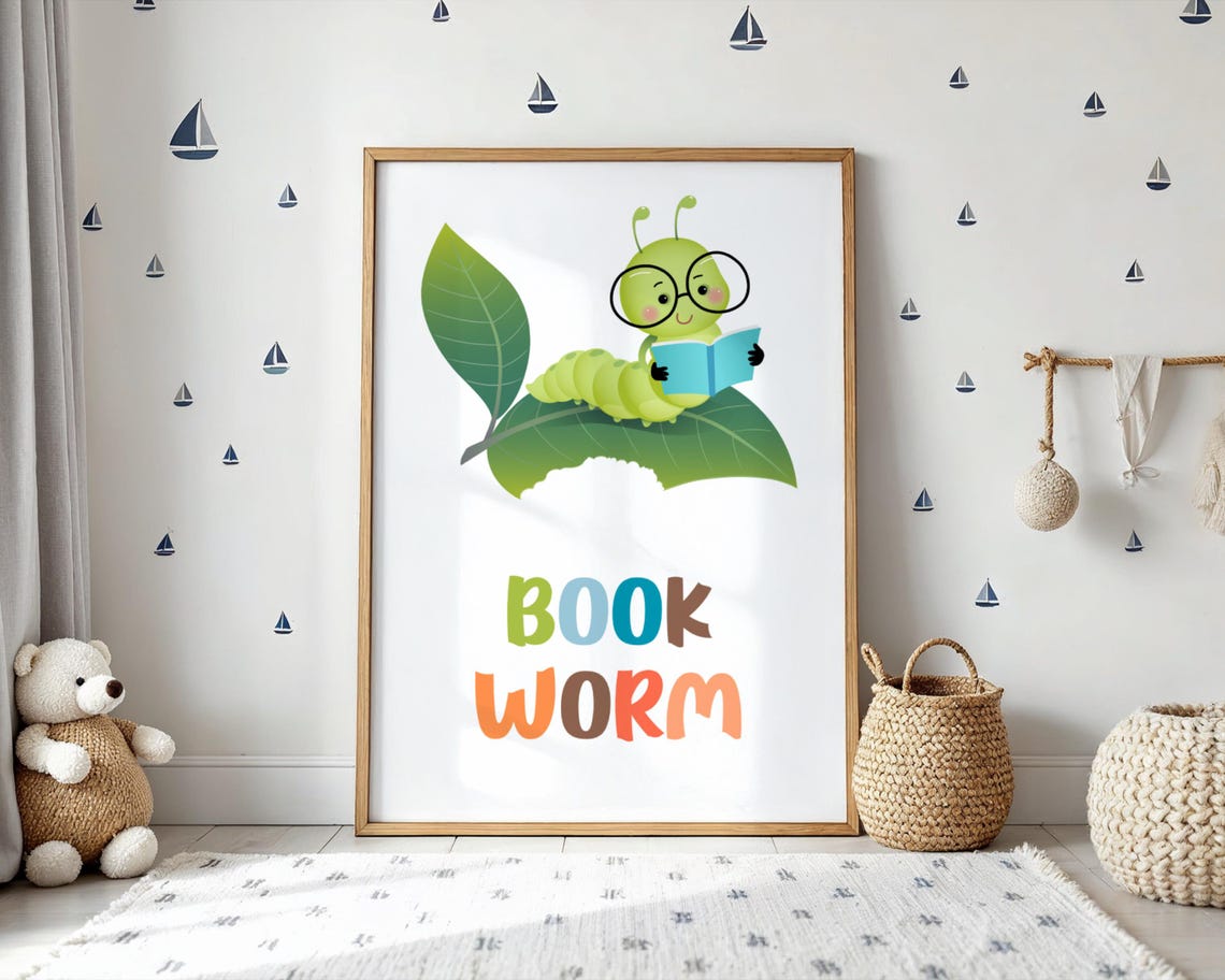 Book Worm Caterpillar Reading Glasses Cute Nursery Library Poster