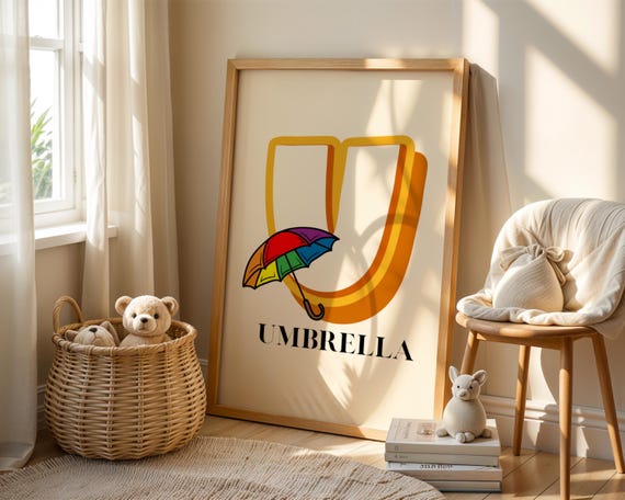 Vintage Abc Poster For Playroom Decor Preschool Homeschool Alphabet Art Umbrella Nursery Classroom Letter U