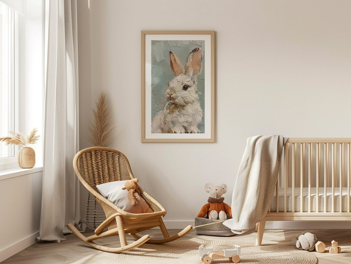 White Bunny Rabbit Portrait Textured Impasto Sage Green Nursery Art Poster - Image 3
