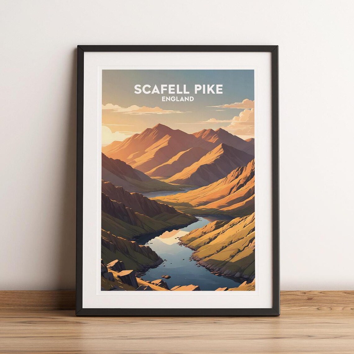 Scafell Pike England Golden Mountain Peaks Vintage Travel Poster