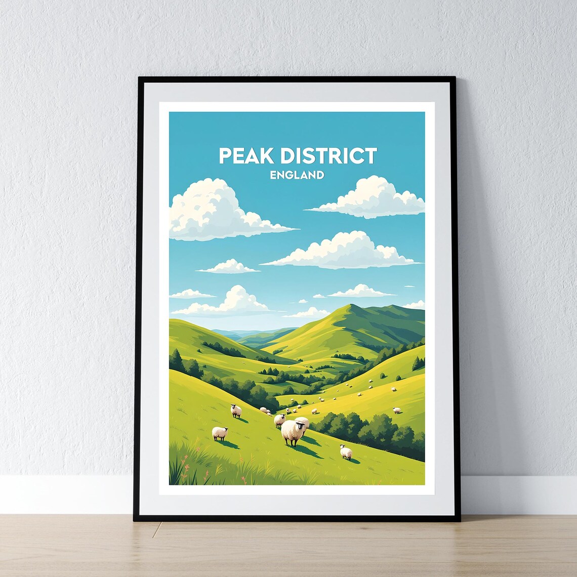 Peak District England Rolling Green Hills Sheep Travel Poster