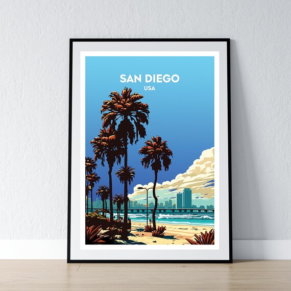 San Diego California USA Palm Trees Beach Pier Travel Poster