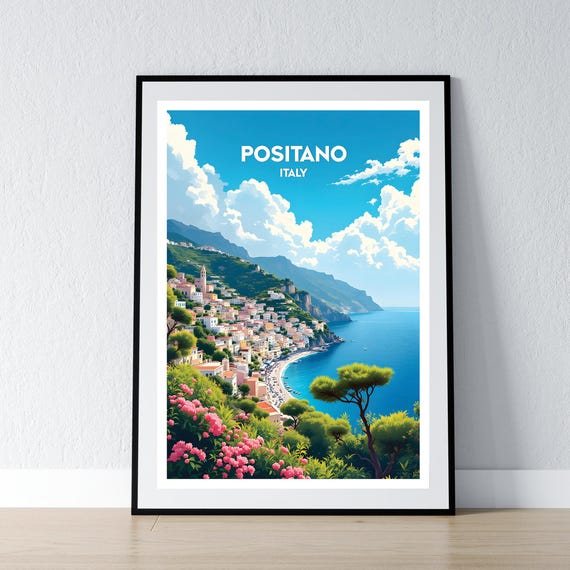 Positano Poster Print Amalfi Coast Wall Art Gift Travel Italy Home Decor Illustration