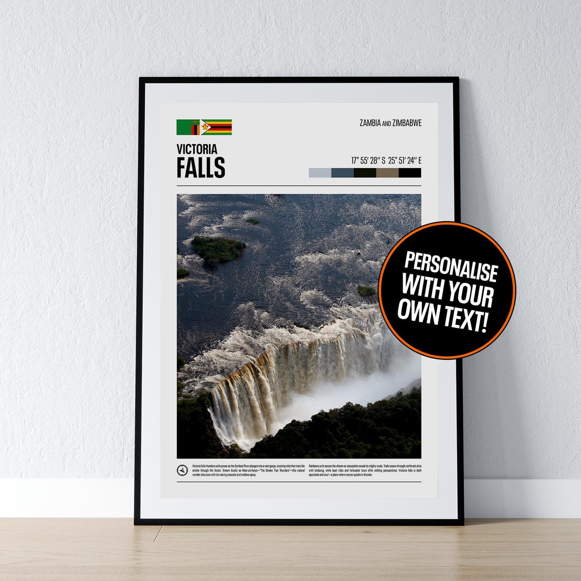 Victoria Falls Aerial Coordinates Travel Photo Poster Africa