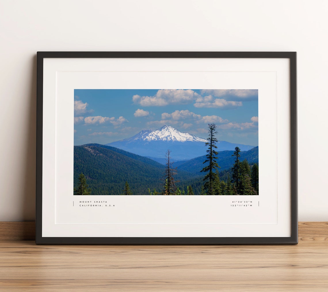 Mount Shasta California Snow Capped Peak Photo Coordinates Poster