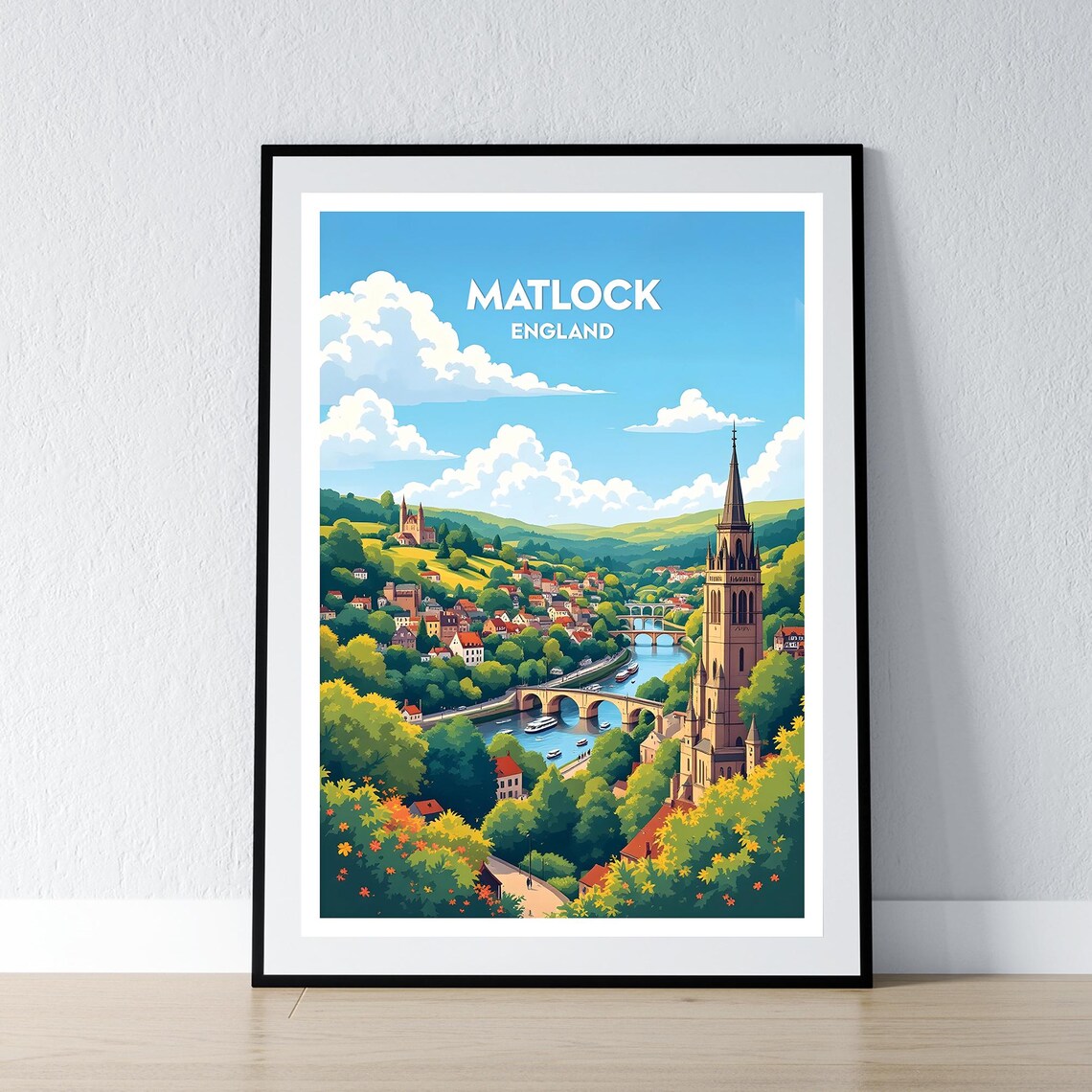 Matlock England Riverside Town Church Spire Vintage Travel Poster