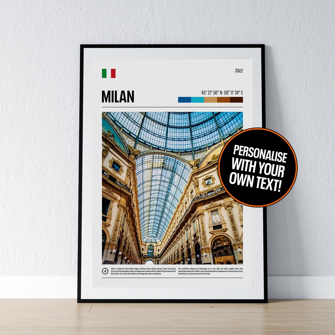 Milan Italy Galleria Glass Dome Coordinates Travel Photo Poster