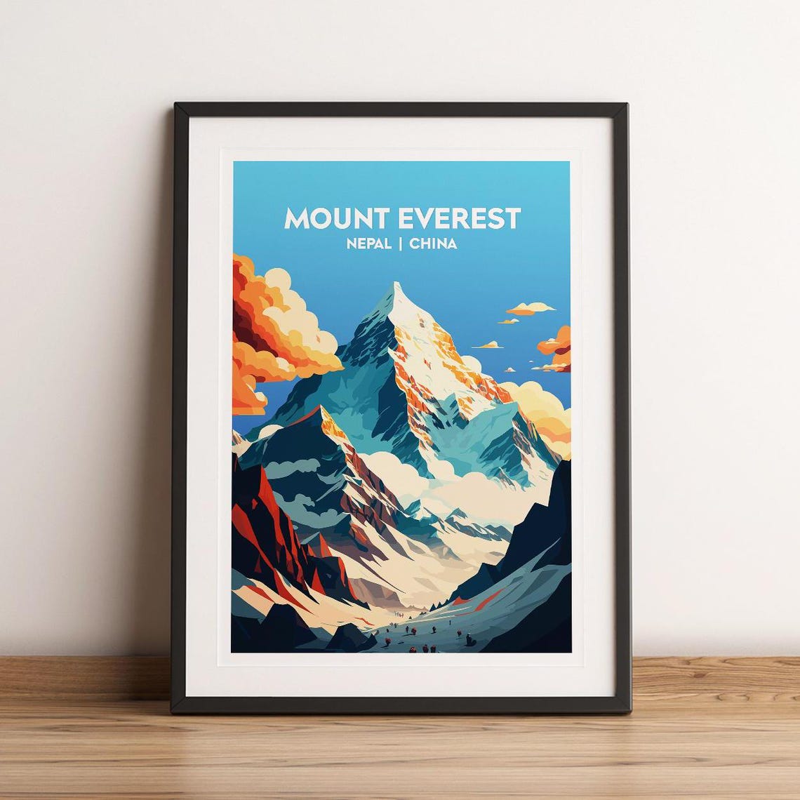 Mount Everest Nepal China Summit Climbers Bold Travel Art Poster